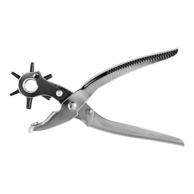 Para obrotowych szczypiec Meec Tools z teksturowanymi chwytami, obrotowym kołem do wyboru różnych rozmiarów dziurkaczy oraz mechanizmem sprężynowym na sprężynę.