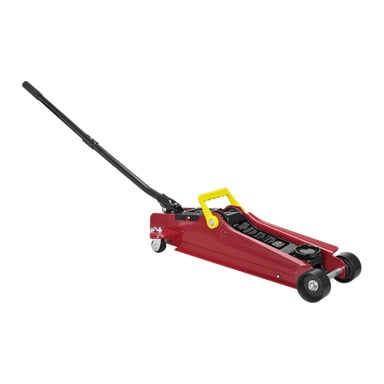 Meec Toolsin matalaprofiilisessa tunkissa on kevyt punainen hydraulinen runko, pitkä musta kahva, keltainen kantokahva ja neljä mustaa pyörää, mikä tekee siitä sopivan ajoneuvojen nostamiseen korjauksia tai huoltoa varten.