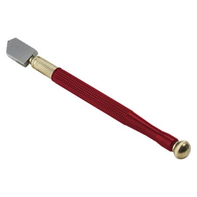 Meec Tools Glass Cutter har en röd och gyllene kropp, ett texturerat grepp för enkelhets användning, ett litet fyrkantigt skärhjul i ena änden och en rund ratt i motsatt ände.