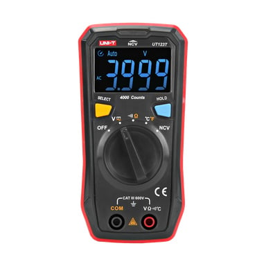 Uni-Trend Multimeter UT123T har en fremtredende blå skjerm som viser 3,999 V, en roterende velger, gule og svarte porter for innganger, og ulike målefunksjoner markert på frontpanelet.