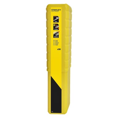 En gul rektangulær boks merket "Stanley Basic sveiseelektroder 98 pakke" inneholder 98 stålsveisestaver, hver 2,5 mm i diameter og 350 mm i lengde. Etiketten har Stanley-logoen, ikoner og grunnleggende instruksjoner markert i svart, hvitt og rødt.