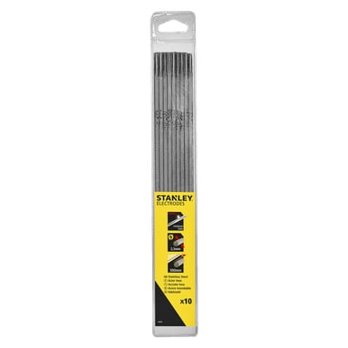 En pakke med ti Stanley Welde-elektroder (2,5 mm x 300 mm) for rustfritt stål, oppbevart i et gjennomsiktig plastkabinett med en gul og svart etikett som viser spesifikasjoner og ikoner.