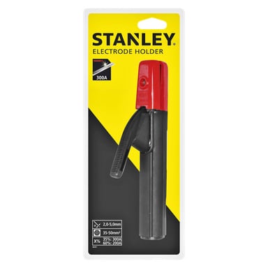 Stanley ELITE 300 Elektrodeholder i svart og rød emballasje, merket med en kapasitet på 300A, med bruksinformasjon og diagrammer nær bunnen, vist på gul og svart bakgrunn.