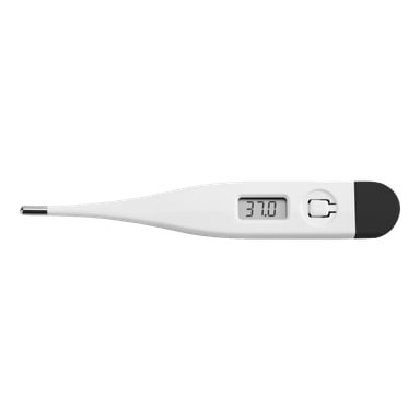 Termometr Menuett Fever z białą obudową i czarną pokrywką pokazuje temperaturę 37,0°C na wyświetlaczu cyfrowym.