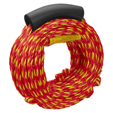 Ett Kayoba-bogserrep som används för vattensporter, med tvinnade röda och gula snören, ett svart skumhandtag ovanför och en gul tagg inuti öglorna.