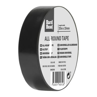 Rolka taśmy Hard Head All-round wyświetla informacje o produkcie, rozmiar (20m x 19mm), nazwę producenta (Jula AB) oraz kod kreskowy na czarnym opakowaniu.