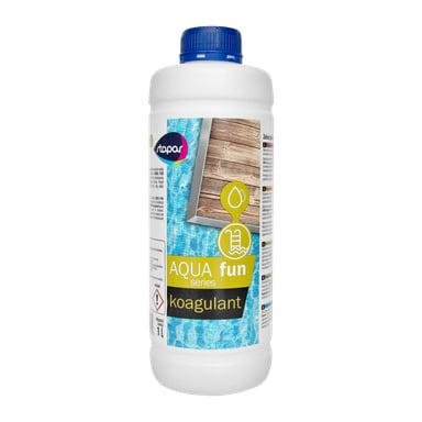 Biała butelka chemiczna Stapar Anti-algal o pojemności 1 litra z niebieskim nakrętką, wyświetlana na tle wody z basenu oraz szczegółowymi informacjami o produkcie po bokach.