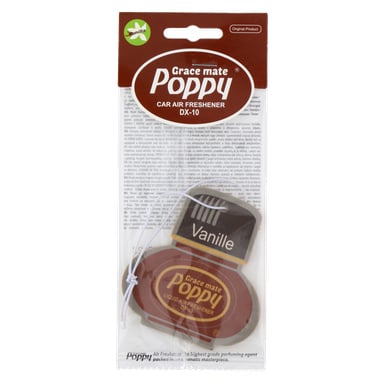 En förpackad Poppy Fragrant Figure billuftfräschare med vaniljdoft. Luftfräscharen är oval brun med ett vitt snöre, med orden Vanilj och Vallmo på ytan.