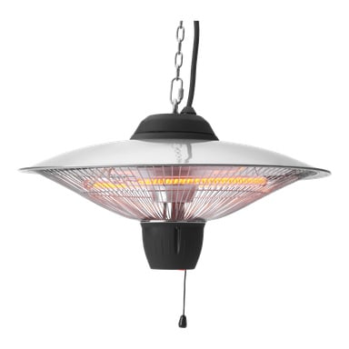 Anslut Hanging Infraröd Element med metallisk utsida avger ett mysigt orange ljus. Den hänger i en kedja, har en kupolformad reflektor, skyddsgaller, dragsladdsbrytare och en elkabel som sticker ut från toppen.