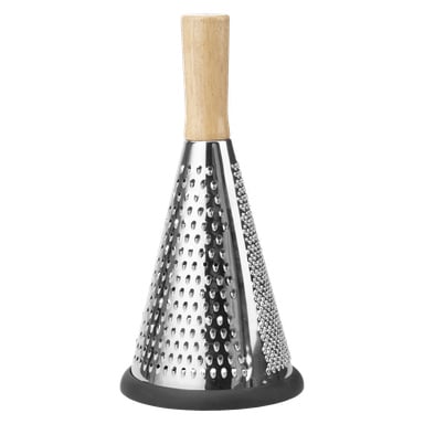 Menuett Grater: Exklusiver konischer Metall-Küchenriben mit leichtem Holzgriff und schwarzer Gummibasis.