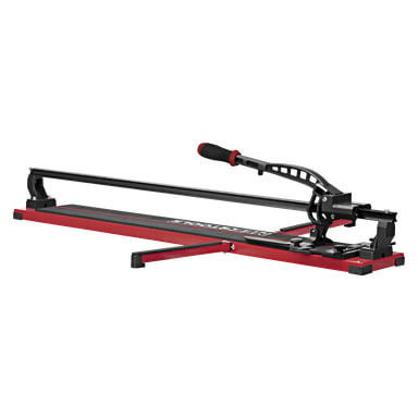 Meec Tools kakelskärare i rött, med en metallstyrskena och ett svart handtag med rött grepp.