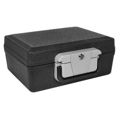 En kompakt, rektangulär svart låsbox med texturerad yta, Hard Head Security Bag har ett silverfärgat lås och integrerat lås framtill, samt ett svart handtag placerat under låset.