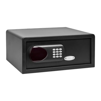 Ett svart Hard Head Safe med rektangulär design, utrustad med ett elektroniskt knappsats och en liten display ovanför en oval silverplatta under knappsatsen.