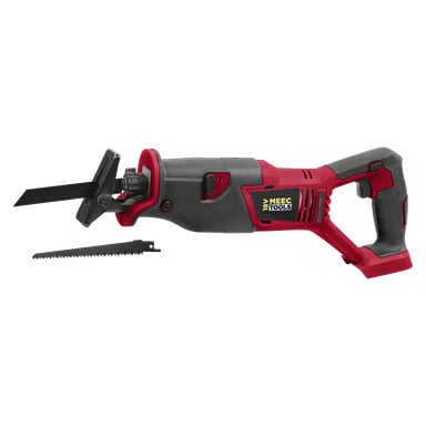 En röd och svart RS-18V HOME 300 batteridriven kolvsåg från Meec Tools Multiseries visas bredvid ett extra sågblad.