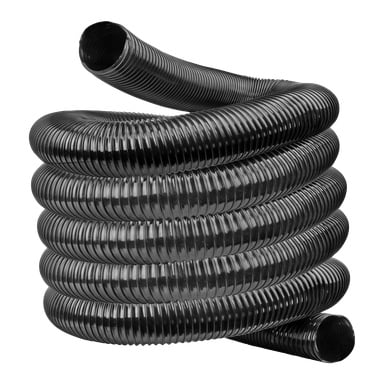 En sugslang från Meec Tools visas, spiralad och svart med en räfflad, korrugerad struktur och flexibel konstruktion, idealisk för dränering eller ventilation.