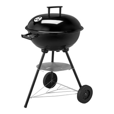 Burns & Barkles Kettle Coal King 430 -grilli on pyöreä, musta hiiligrilli, jossa on kansi, kolme jalkaa, kaksi pyörää liikkumista varten, kahva ja alahylly.
