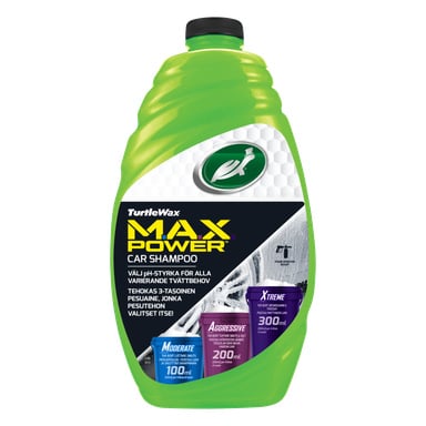 Kirkkaan vihreä pullo Turtle Wax M.A.X-POWER -autoshampoota, jossa teksti lukee MAX POWER, CAR SHAMPOO sekä etiketit KOHTALAINEN, AGGRESSIIVINEN ja XTREME-laimennustaso.