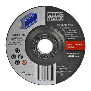 Przedstawiono dysk szlifierski Meec Tools do obróbki metalu i stali, z etykietami wskazującymi jego rozmiar, kompatybilne materiały, maksymalną prędkość obrotową, dane producenta oraz kod kreskowy u dołu.