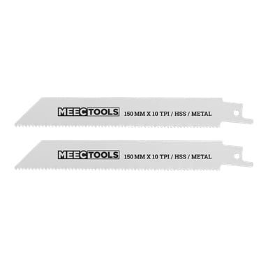 Ett par Meec Tools bajsågsblad, båda märkta med specifikationerna "150 mm x 10 TPI / HSS / METALL," gjorda för att skära metall. Dessa silverblad har fina sågsåg och ett enda hål för montering i ena änden.