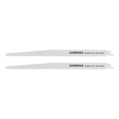 Två identiska tvåpack av Meec Tools bajsågblad är placerade sida vid sida. Varje silverblad har fina tänder och ett monteringshål i ena änden, med märkningar som inkluderar "Meec Tools 300 MM X 1,0 TPI / HSS / METAL.".