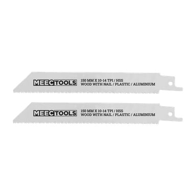 Ett par Meec Tools bajsågsblad, sålda som 2-pack. Varje blad är märkt "150 mm x 10-14 TPI / HSS" och avsett för att skära igenom trä med spikar, plast och aluminium. Bladen har fina tänder längs kanten och ett enda monteringshål i ena änden.