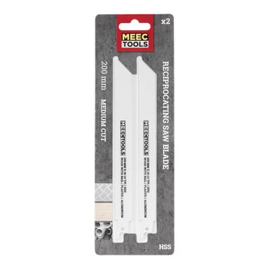 Två Meec Tools bajokersågblad visas i deras detaljhandelsförpackning. 2-packet innehåller två 200 mm medium-skurna blad designade för användning med metall, plast, trä, tunna metallplåt och aluminium.