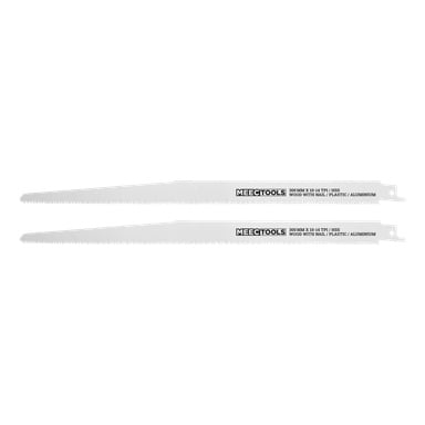 Två matchande Meec Tools bajsågsblad, var och en med fina tänder och ett fästhål i ena änden, lämpliga för att såga igenom trä med spikar, plast och aluminium.
