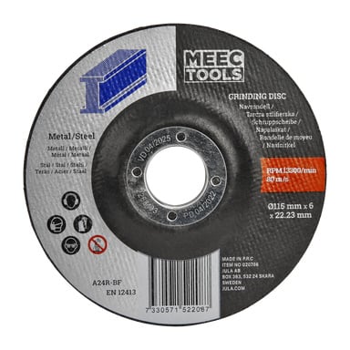 En slipskiva från Meec Tools i metall och stål med en svart och silverfärgad etikett med säkerhetsikoner, storleksmarkeringar på 115 mm x 6 mm x 22,23 mm och en maxhastighet på 13 300 varv per minut.