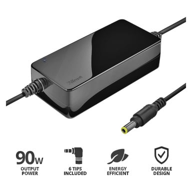 Ein schlankes schwarzes Trust Laptop Charger (90W) mit angeschlossenem Kabel, Stecker und kleiner Kontrollleuchte, zusammen mit Symbolen und Text, die die sechs enthaltenen Tipps, Energieeffizienz und robuste Bauweise hervorheben.
