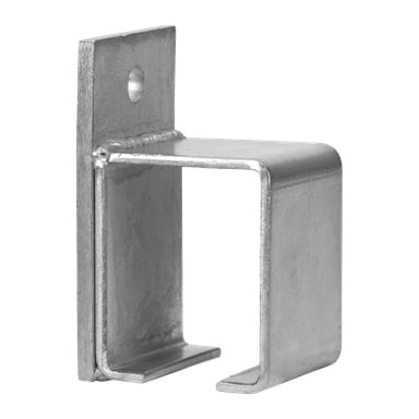 Hard Head Sliding Door Bracket vises i nærbilde, og fremhever dens firkantede design, flate base og oppreist bakplate med et sirkulært monteringshull. Metalloverflaten er glatt med tydelige sveiser synlige der delene kobles sammen.