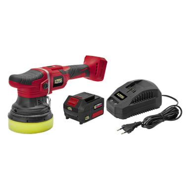 Ett oscillerande poleringsmaskinskit PO-18V HOME 500 från Meec Tools Multiseries, visat i rött och svart med en gul pad, visas tillsammans med dess avtagbara batteri och en svart laddare med strömkabel. Varje del har Meec Tools-varumärket.