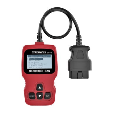 Czerwony skaner diagnostyczny samochodowy Meec Tools dla OBD-II/EOBD+CAN, wyposażony w kompaktowy ekran z menu diagnostycznym, cztery czarne przyciski pod wyświetlaczem i podłączony do złącza OBDII czarnym kablem.