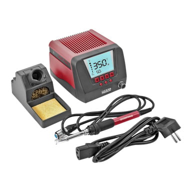 En Meec Tools lödstation med digital display inställd på 350°C har en lödkolv kopplad med en sladd, en lödkolvhållare utrustad med både en mässingssvamp och en gul svamp för rengöring, och levereras med sin strömkabel.