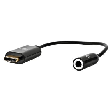 Musta Nedis USB-C–3,5 mm adapteri, jossa on kullatut liittimet.