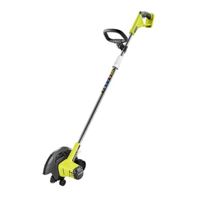 Ryobi One+ Edge trymer RY18EGA-0 to zasilana bateriami obcinarka trawnika w kolorze żółto-czarnym, z długim uchwytem, regulowanym uchwytem pomocniczym oraz okrągłym ostrzem u podstawy, umożliwiającym staranne przycinanie trawy wzdłuż krawędzi trawnika.