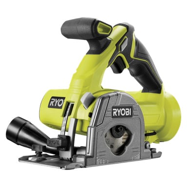 Ryobi One+ Multi-saw R18MMS-0 elektryczna ręczna piła tarczowa o zielono-czarnym wzorze, wyposażona w boczny kanał pyłowy i regulowaną głębokość cięcia.
