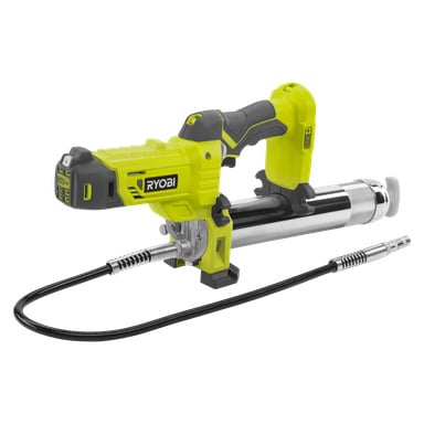 En Ryobi One+ fettpistol R18GG-0 med gul og svart kropp, utstyrt med et langt sølvfarget fettrør og en fleksibel slange som ender i en metalldyse.