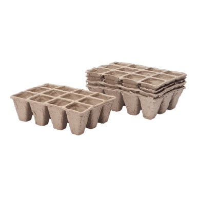 Cztery biodegradowalne tace na nasiona od Hard Head, każda zawierająca dwanaście sekcji i wykonana z brązowego papieru z recyklingu. Na opakowaniu widnieje napis "Fibre pots 4 pack", a wszystkie tacki są puste.