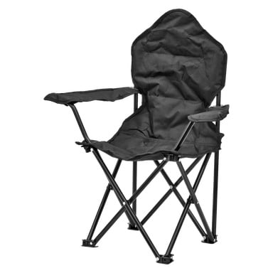En svart Kayoba campingstol designet for barn, med armlener og et stoffsete på en metallramme. Stolen er ledig.