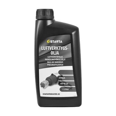 En 1-liters svart flaska Starta Air Tool Oil för pneumatiska verktyg. Etiketten visar en illustration av ett pneumatiskt verktyg och inkluderar webbplatsen startaprodukter.se längst ner.