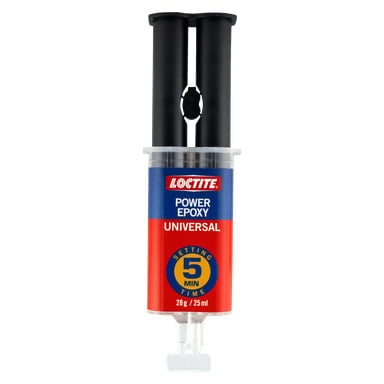 Loctite Power Epoxy Universal -ruiskujen annostelija, jossa on kaksi kammiota, suunniteltu 5 minuutin kiinnitysaika ja joka sisältää 28g (25 ml) liimaa. Pakkaus yhdistää punaisen, sinisen ja keltaisen värit läpinäkyvällä alaosalla.