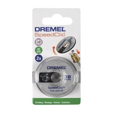 Opakowanie Dremel SC541 SpeedClic Grinding Discs w 2 opakowaniach, wyświetlające dwie płyty 38mm w przezroczystej części, wraz z drukowanymi informacjami i wizualizacjami demonstrującymi zastosowanie produktu i kompatybilność.