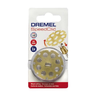 W opakowaniach detalicznym prezentowano dysk tnący Dremel SC544 SpeedClic, z okrągłym, perforowanym metalowym kołem. Opakowanie wyraźnie przedstawia logo Dremel i zawiera ilustrację przedstawiającą jego przeznaczenie.