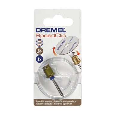 Dremel Spindle SC402 SpeedClic jest prezentowany w przezroczystym plastikowym i kartonowym opakowaniu z widocznym brandingiem Dremel oraz obrazem przedstawiającym wrzeciono połączone z kołem tnącym.