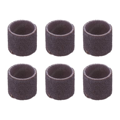 Sześć cylindrycznych taśm szlifierskich z pakietu Dremel Sanding Belt 6 jest prezentowanych w dwóch rzędach po trzy. Każda obrączka ma teksturowaną, brązową, ścierną powierzchnię oraz jaśniejszy wewnętrzny brzeg.