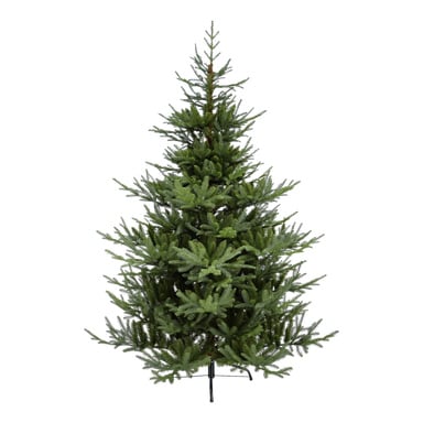 Der EKVIP Lifelike Weihnachtsbaum hat dichte grüne Äste und wird von einem stabilen schwarzen Metallsockel getragen.