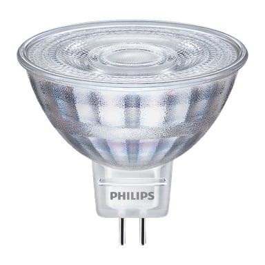 En Philips LED-reflektorlampa med ett transparent, fasetterat glaslock och två metallstift vid basen. Den vita basen visar Philips-logotypen.