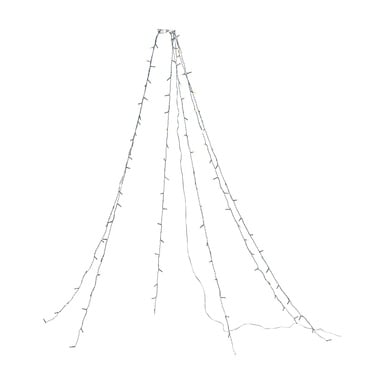 Fyra EKVIP LED-julgransljussträngar är sammanfogade upptill i en tipi-stil, som faller ner och sprider ut sig. En svart strömkabel ger elektricitet och syns på marken.