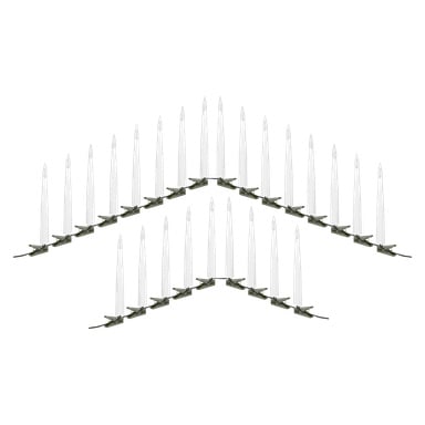 To rader med EKVIP juletrelys LED med hvite lysformede pærer og grønne baser er arrangert i en pil som peker oppover.