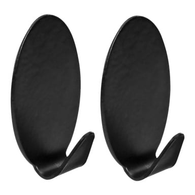 Et par identiske svarte ovale veggkroker fra Hard Head Hooks 2-pakken, hver med en slank, minimalistisk form og en enkelt krok som buer oppover ved basen. De to krokene er plassert side om side.